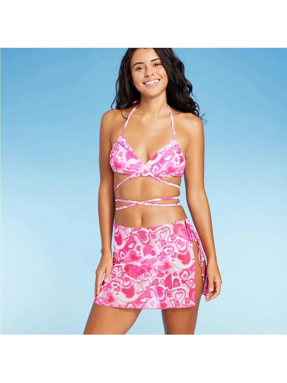 Wild Fable Women's Mesh Side Tie Cover Up Skirt Pink Heart Print LARGE NWT